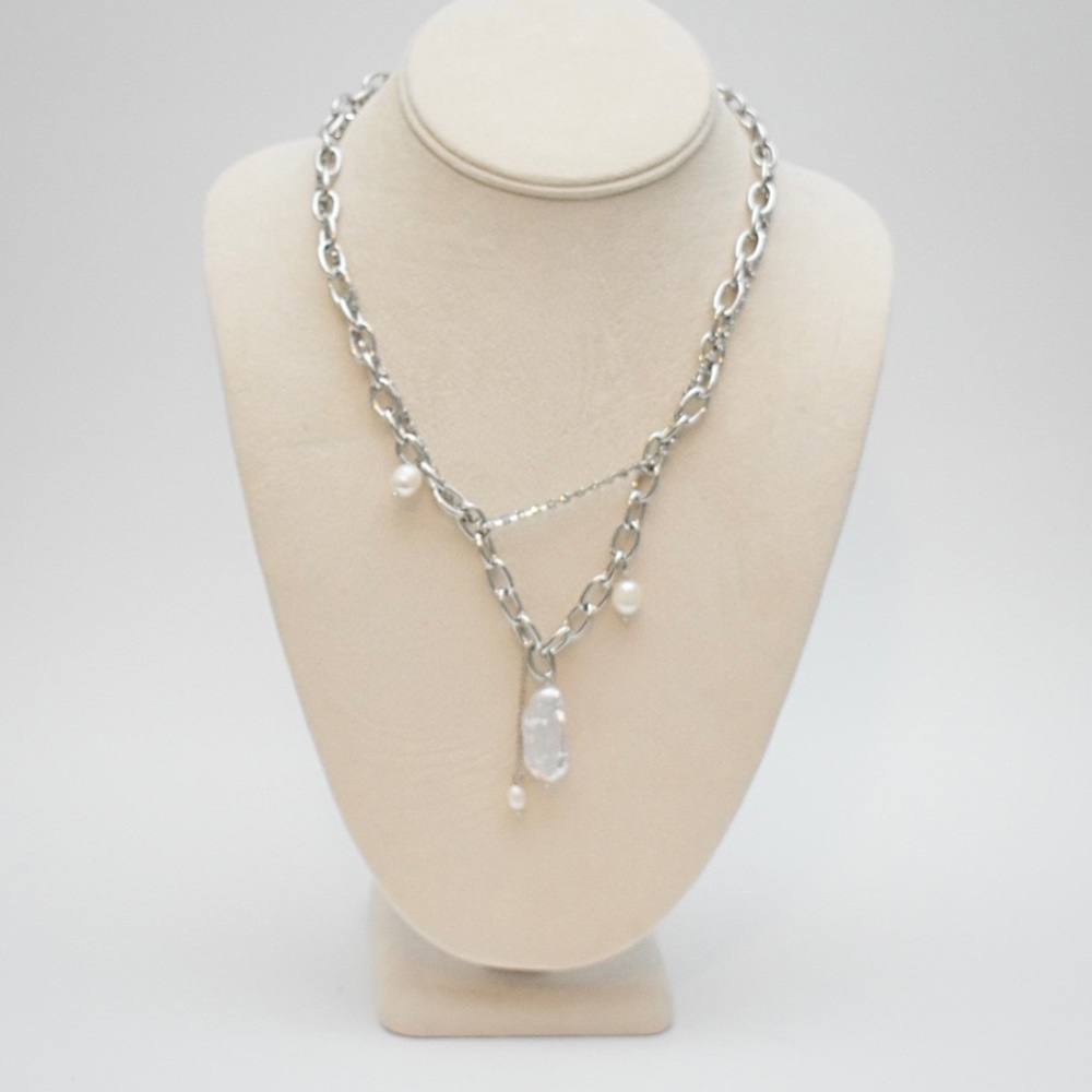 Square Pearl Charm Layered Chain Necklace